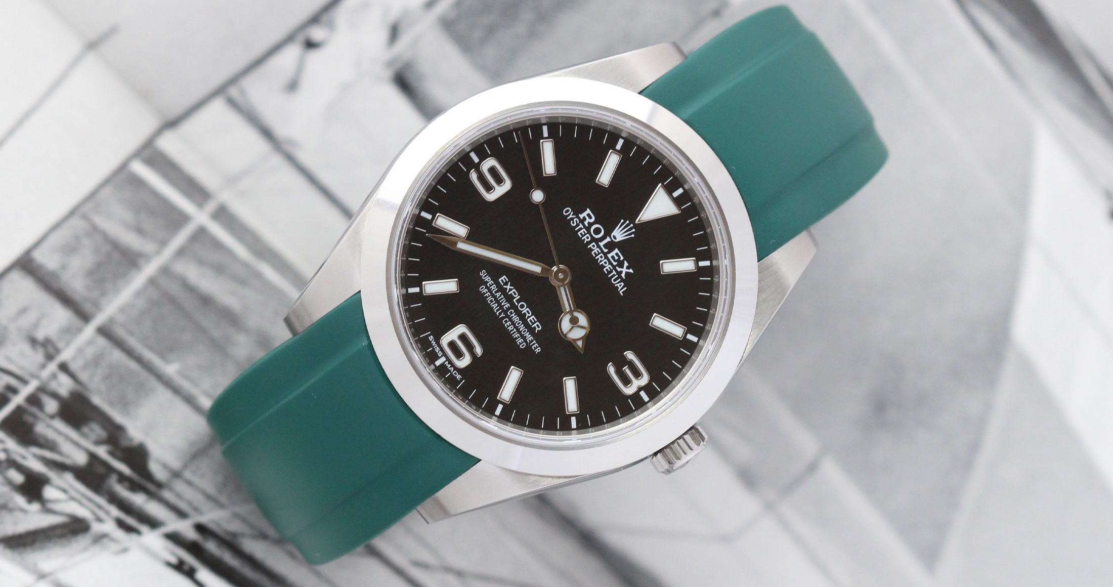 Rolex Explorer I on green rubber strap