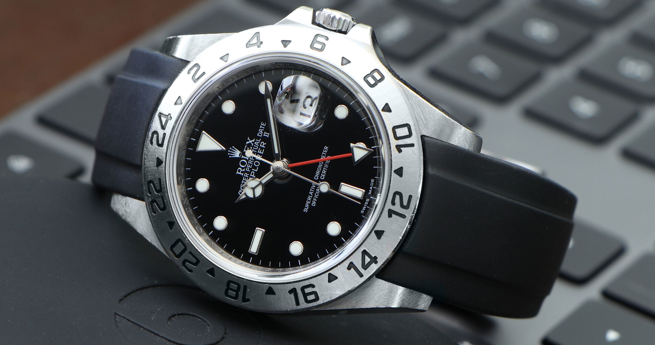 Black Rubber Strap on Rolex Explorer II 