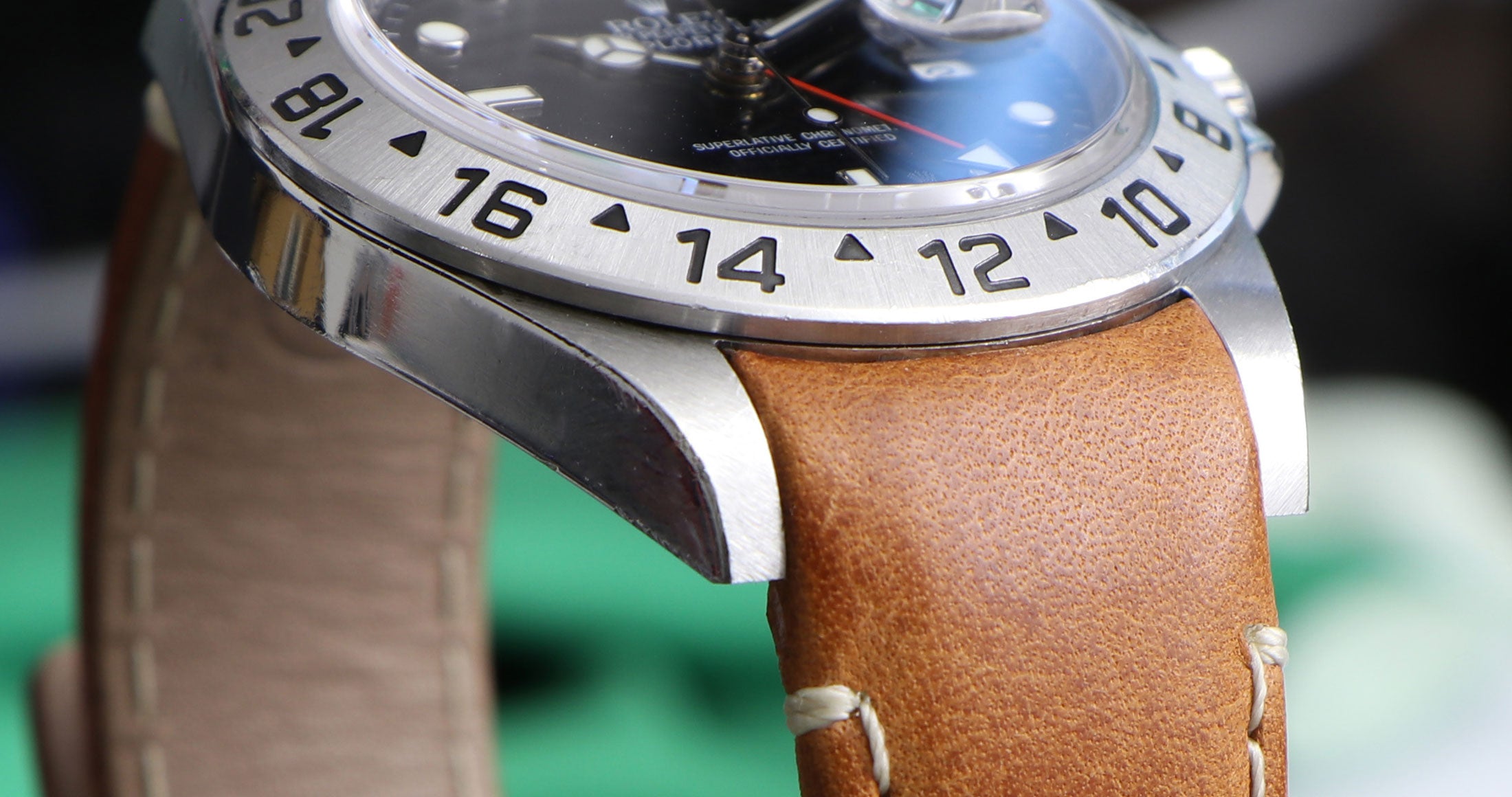 Curved End Leather Strap on Rolex Explorer II