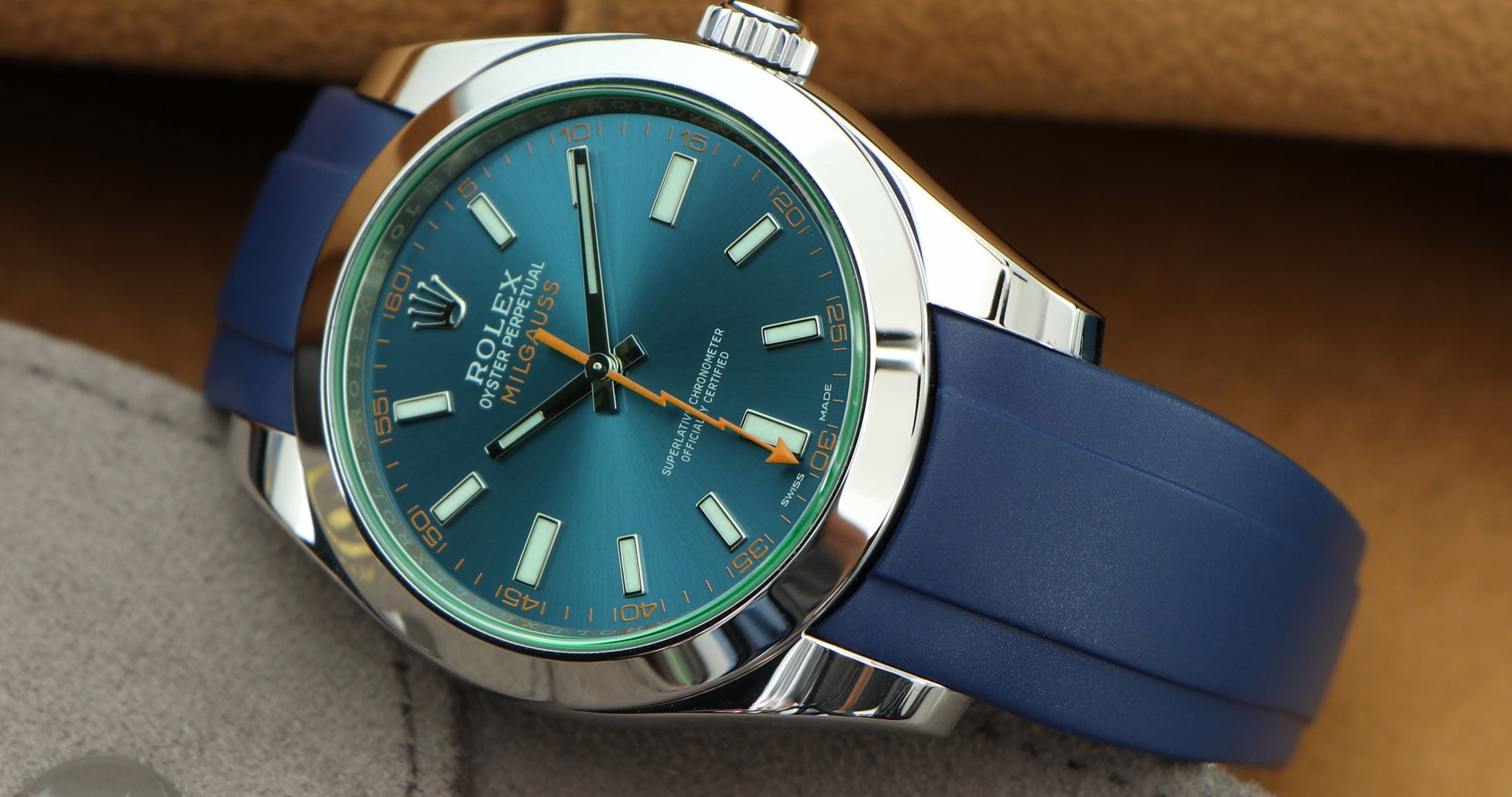 Blue Rubber Strap on Rolex Milgauss